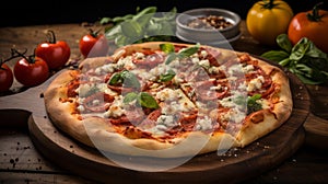 Delicious Pizza Set On Wooden Board With Tomatoes And Herbs