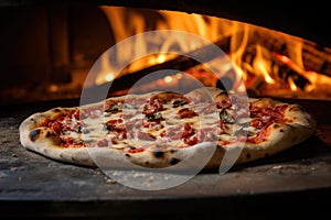 A delicious pizza sits atop a pizza pan, placed in front of a warm, crackling fire, A piping hot pizza fresh out of the brick oven