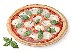 Delicious pizzas with tomato, basil, mozzarella, and various toppings like pepperoni, ham. photo