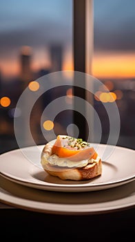 Sunset Bagel Delight on White Plate with Cityscape Background