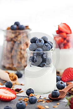 Delicious plain yogurt with fresh blueberry and strawberry in a