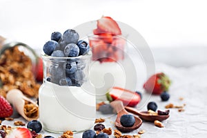 Delicious plain yogurt with fresh blueberry and strawberry in a