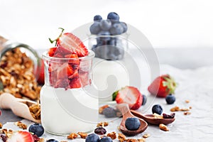 Delicious plain yogurt with fresh blueberry and strawberry in a