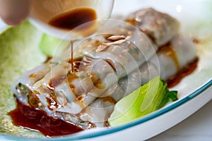 A delicious plate of Cantonese beef rice rolls, Cantonese morning tea snacks