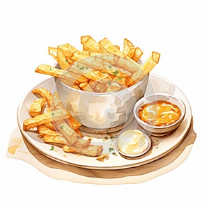 Delicious Plate With French Fries, Salad, Sauce, And Dip photo