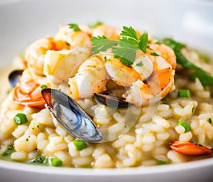 A delicious plate of risotto with mussels and shrimp