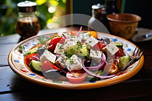 A delicious plate of salad featuring fresh tomatoes, crisp cucumbers, sliced onions, and tangy feta cheese, A vibrant Greek salad