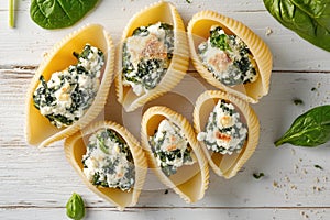 A delicious plate of stuffed pasta shells with spinach and cheese filling
