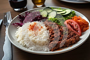 Delicious plate of traditional Turkish cuisine, including juicy kebap doner, fluffy rice, and fresh salad. Ai generated