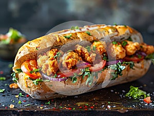 Delicious po-boy photography, explosion flavors, studio lighting, studio background, well-lit, vibrant colors, sharp