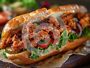 Delicious po-boy photography, explosion flavors, studio lighting, studio background, well-lit, vibrant colors, sharp