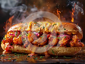 Delicious po-boy photography, explosion flavors, studio lighting, studio background, well-lit, vibrant colors, sharp