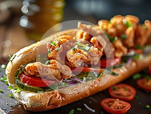 Delicious po-boy photography, explosion flavors, studio lighting, studio background, well-lit, vibrant colors, sharp