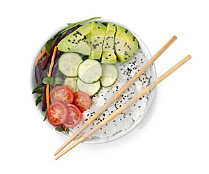 Delicious poke bowl with vegetables, avocado and mesclun isolated on white, top view