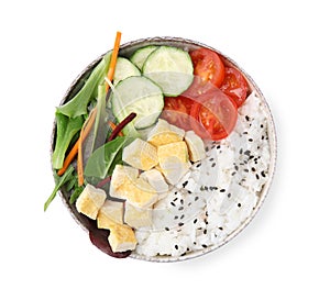 Delicious poke bowl with vegetables, tofu and mesclun isolated on white, top view