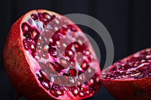 Delicious pomegranate seeds. Juicy Ripe Red Granets or Garnets.  Closeup view of Grain Red Grenades.