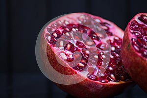 Delicious pomegranate seeds. Juicy Ripe Red Granets or Garnets.  Closeup view of Grain Red Grenades.