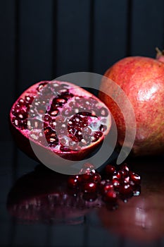 Delicious pomegranate seeds. Juicy Ripe Red Granets or Garnets.  Closeup view of Grain Red Grenades.