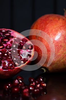 Delicious pomegranate seeds. Juicy Ripe Red Granets or Garnets.  Closeup view of Grain Red Grenades.