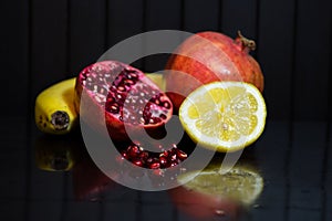 Delicious pomegranate seeds. Juicy Ripe Red Granets or Garnets.  Closeup view of Grain Red Grenades.