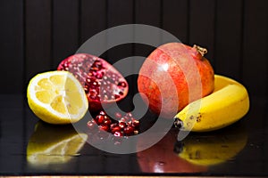 Delicious pomegranate seeds. Juicy Ripe Red Granets or Garnets.  Closeup view of Grain Red Grenades.