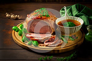 delicious pork dish easter ham with herbs and sauce on board