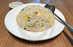 A delicious pork fried rice in Chinese restaurant served on a circular white plate on the vintage wood table