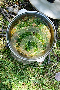 Delicious porridge cous cous with meat, vegetables and fresh herbs in a pot cooking on the nature.