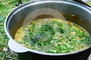 Delicious porridge cous cous with meat, vegetables and fresh herbs in a pot cooking on the nature.