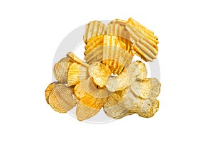 Delicious Potato chips - Crinkle, homemade, hot BBQ on a wooden board. Isolated on white background