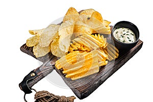 Delicious Potato chips - Crinkle, homemade, hot BBQ on a wooden board. Isolated, white background.