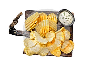 Delicious Potato chips - Crinkle, homemade, hot BBQ on a wooden board. Isolated, white background.
