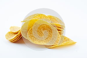 Delicious potato chips, crunchy fried snack, unhealty food, isolated object photo