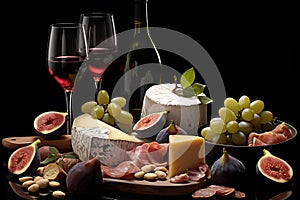 Delicious prosciutto, cheese, and figs snacks for wine pairing on chic black background