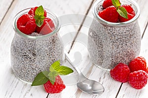 Delicious pudding with chia and raspberry