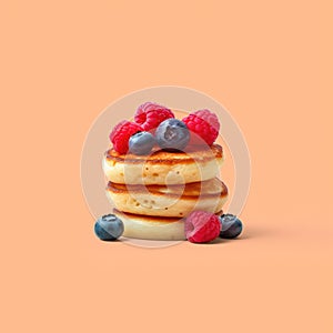 Delicious puff cottage cheese pancakes with fresh blueberries and raspberies, generative AI