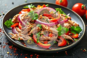 Delicious Pulled Pork Salad with Fresh Vegetables and Herbs on Dark Table, Healthy Meal Concept