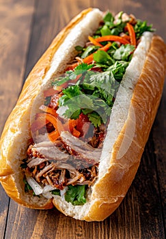Delicious pulled pork sandwich with fresh vegetables