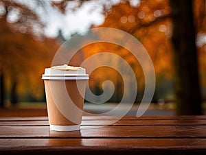 Delicious pumpkin spice latte cappuccino in a to go paper cup standing on a bench in autumn park