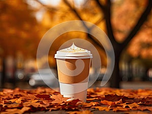 Delicious pumpkin spice latte cappuccino in a to go paper cup standing on a bench in autumn park