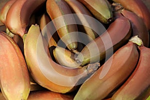 Delicious purple bananas as background, top view