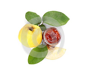 Delicious quince jam and fruits isolated on white, top view