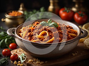 Delicious Ragu alla Bolognese, Italian flavorful savory meat sauce topping pasta polenta