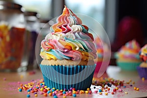 Delicious rainbow colored cupcake decorated with frosting and candy drops photo