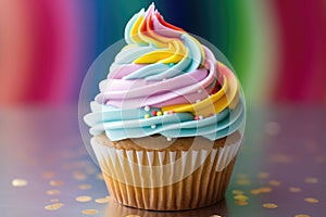 Delicious rainbow colored cupcake decorated with frosting and candy drops photo