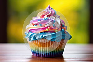 Delicious rainbow colored cupcake decorated with frosting and candy drops photo