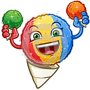 A delicious rainbow snow cone cartoon character holding lime and orange snowcones