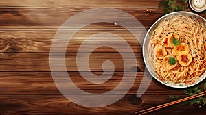 Delicious Ramen Noodles With Fresh Vegetables On Wooden Table