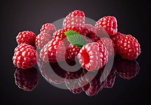 Delicious raspberries on a reflective surface minimalist black background