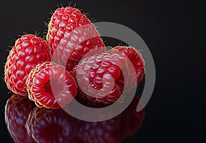 Delicious raspberries on a reflective surface minimalist black background